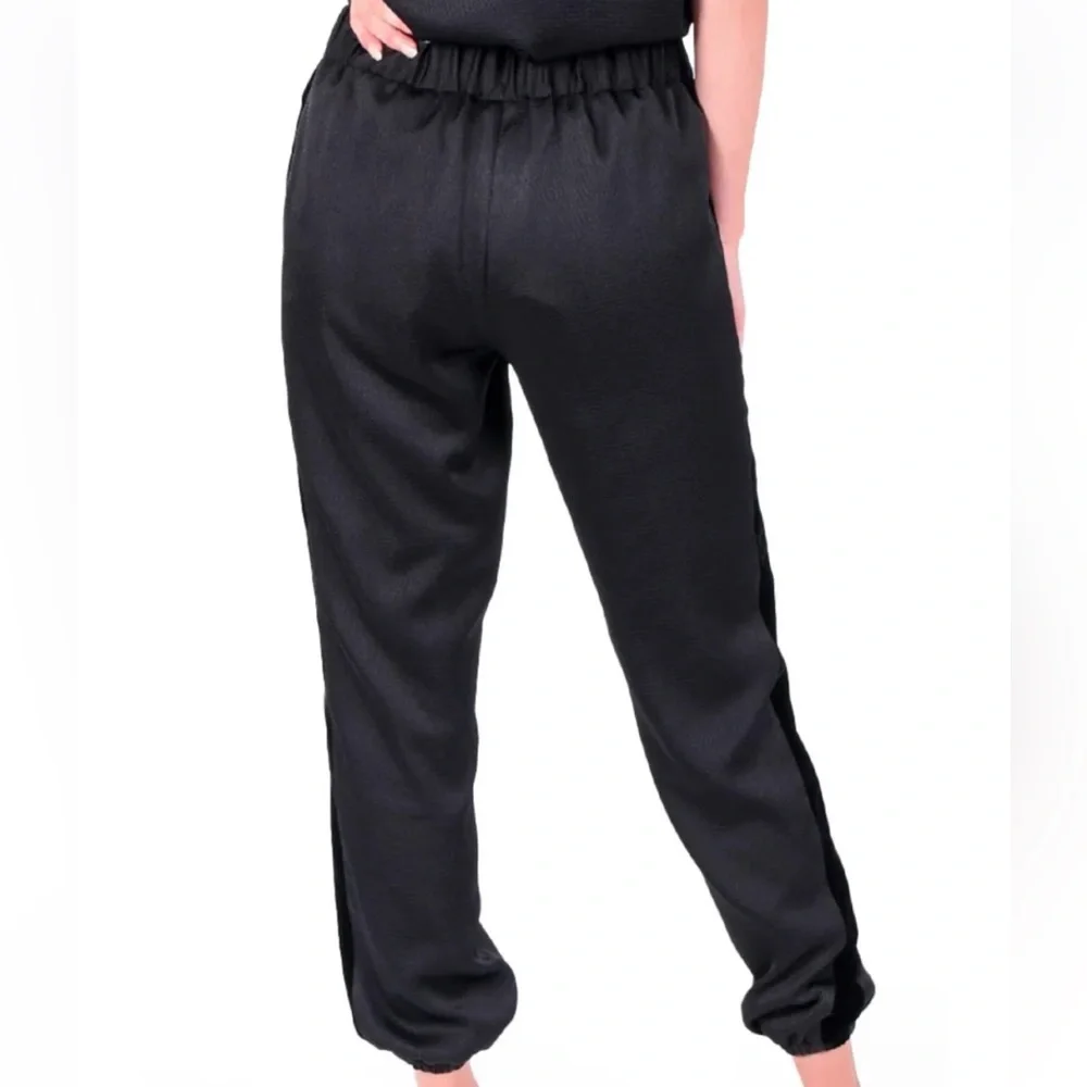 Emily McCarthy Black Downtown Velvet Racing Stripe Jogger Pants. Size Large. - Picture 4 of 13
